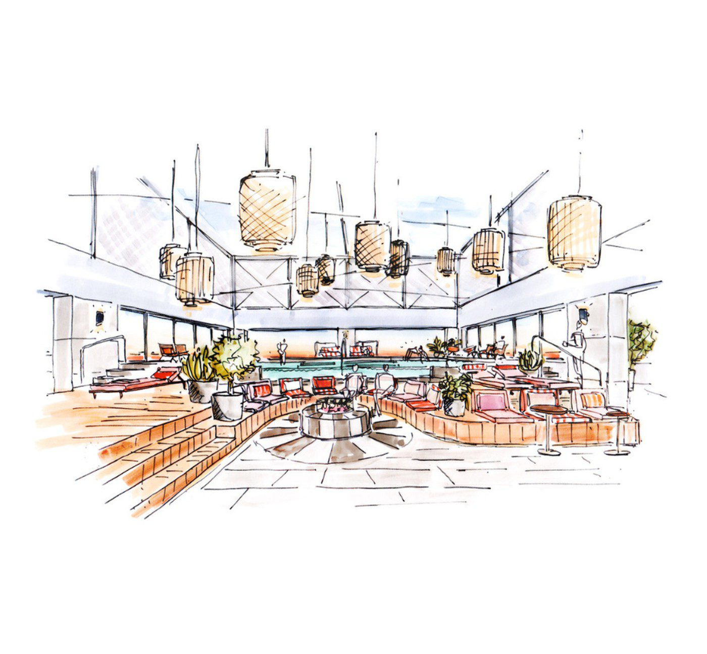 The Encounter Amsterdam - ontwerpschets van de rooftop met zwembad en lounge
